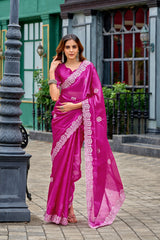 Dista Elora Pink Shimmer Chiffon Geometric Embroidery Work Bollywood Saree, view 3