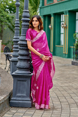 Dista Elora Pink Shimmer Chiffon Geometric Embroidery Work Bollywood Saree, view 5