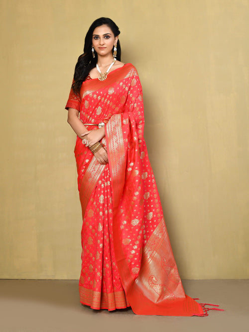 Dista Elora Pink Silk Blend Banarasi Woven Designer Saree For Women With unstitched blouse
