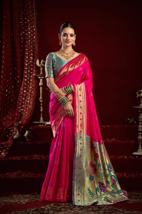 Dista Elora Pink Silk Blend Butti Weaving Paithani Saree