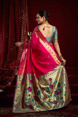 Dista Elora Pink Silk Blend Butti Weaving Paithani Saree, view 2