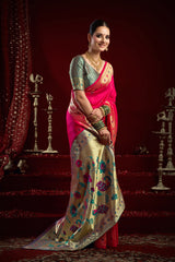 Dista Elora Pink Silk Blend Butti Weaving Paithani Saree, view 3