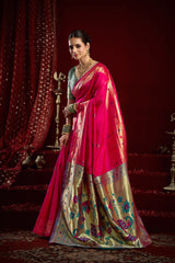 Dista Elora Pink Silk Blend Butti Weaving Paithani Saree, view 4
