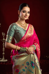 Dista Elora Pink Silk Blend Butti Weaving Paithani Saree, view 5