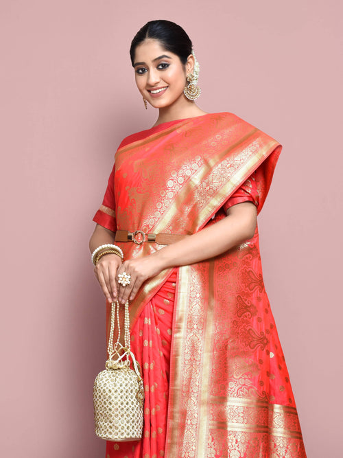 Dista Elora Pink Silk Blend Woven Designer Banarasi Saree For Women