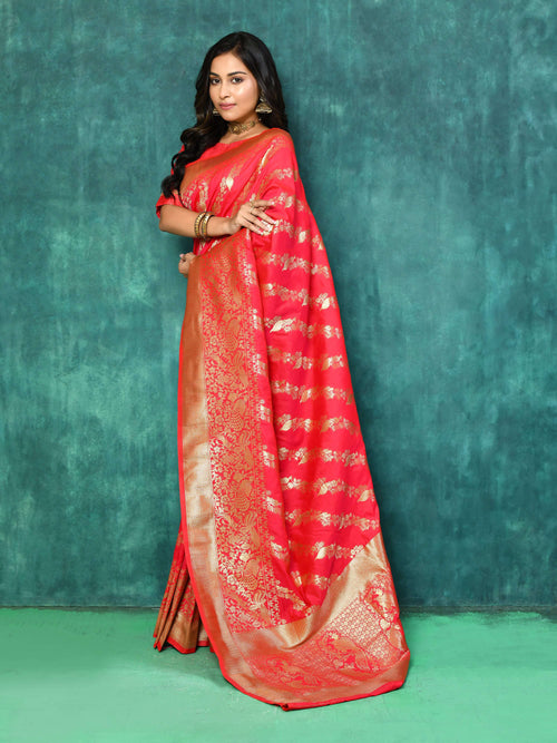 Dista Elora Pink Silk Pure Banarasi Woven Designer Saree For Women
