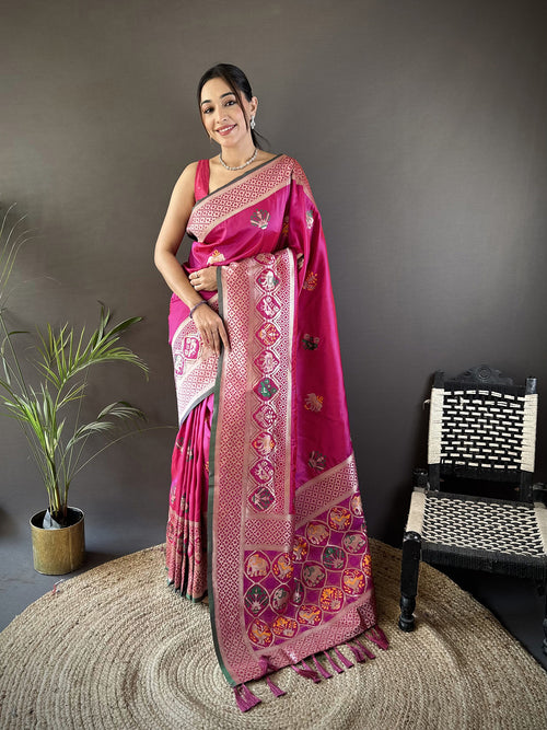 Dista Elora Pink Soft Lichi Silk Elephant & Floral Motifs Minakari Work Banarasi Saree