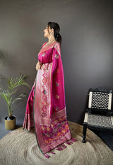 Dista Elora Pink Soft Lichi Silk Elephant & Floral Motifs Minakari Work Banarasi Saree, view 2