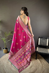Dista Elora Pink Soft Lichi Silk Elephant & Floral Motifs Minakari Work Banarasi Saree, view 3