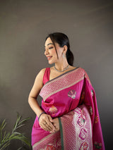 Dista Elora Pink Soft Lichi Silk Elephant & Floral Motifs Minakari Work Banarasi Saree, view 4