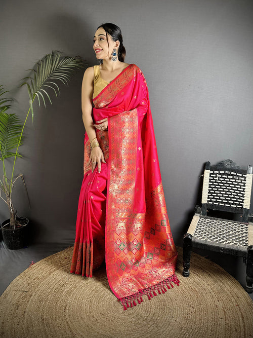 Dista Elora Pink Soft Lichi Silk Multicolour Minakari Zari Weaving Patola Saree