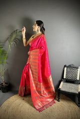 Dista Elora Pink Soft Lichi Silk Multicolour Minakari Zari Weaving Patola Saree, view 2
