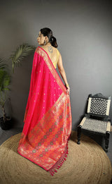 Dista Elora Pink Soft Lichi Silk Multicolour Minakari Zari Weaving Patola Saree, view 3