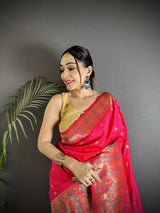 Dista Elora Pink Soft Lichi Silk Multicolour Minakari Zari Weaving Patola Saree, view 4