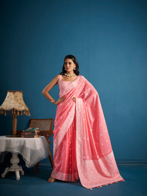 Dista Elora Pink Soft Linen Silk Chikankari Casual Designer Wear Saree