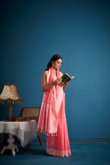 Dista Elora Pink Soft Linen Silk Chikankari Casual Designer Wear Saree, view 3