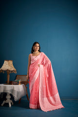Dista Elora Pink Soft Linen Silk Chikankari Casual Designer Wear Saree, view 6