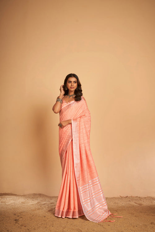 Dista Elora Pink Soft Linen Solid Foil Printed Designer Casual Saree