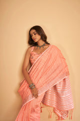 Dista Elora Pink Soft Linen Solid Foil Printed Designer Casual Saree, view 4