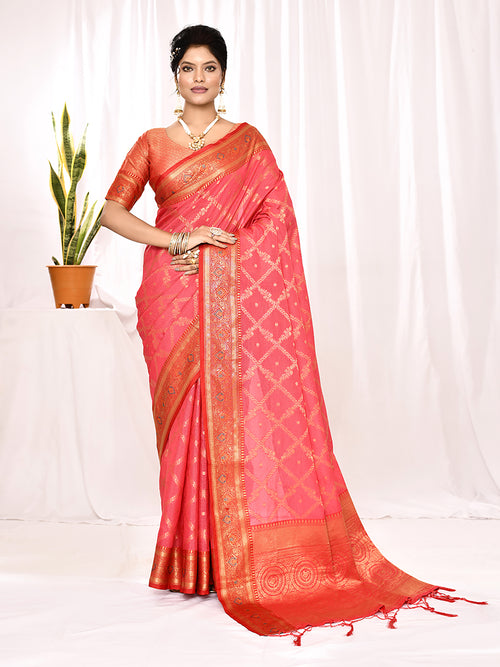 Dista Elora Pink Soft Silk Banarasi Woven Chex Weaving Saree