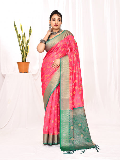 Dista Elora Pink Soft Silk Banarasi Woven Floral Weaving Saree