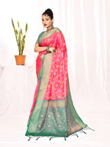 Dista Elora Pink Soft Silk Banarasi Woven Floral Weaving Saree, view 2