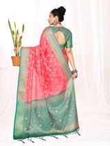 Dista Elora Pink Soft Silk Banarasi Woven Floral Weaving Saree, view 3
