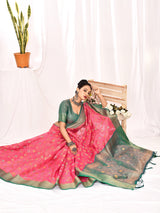Dista Elora Pink Soft Silk Banarasi Woven Floral Weaving Saree, view 4