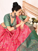 Dista Elora Pink Soft Silk Banarasi Woven Floral Weaving Saree, view 5