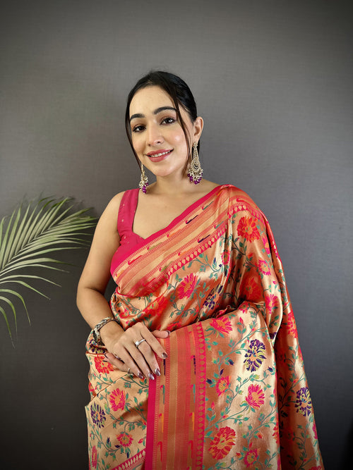 Dista Elora Pink Soft Silk Floral & Paisley Motifs Pattern Paithani Saree