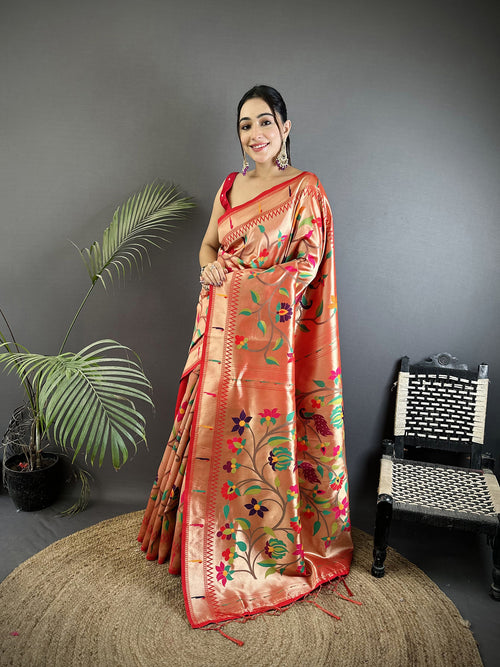 Dista Elora Pink Soft Silk Floral & Peacock Pattern Paithani Saree