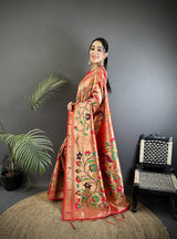 Dista Elora Pink Soft Silk Floral & Peacock Pattern Paithani Saree, view 2
