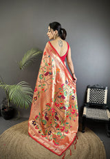 Dista Elora Pink Soft Silk Floral & Peacock Pattern Paithani Saree, view 3