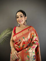 Dista Elora Pink Soft Silk Floral & Peacock Pattern Paithani Saree, view 4