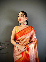 Dista Elora Pink Soft Silk Ikkat Leheriya Weaving Saree, view 4