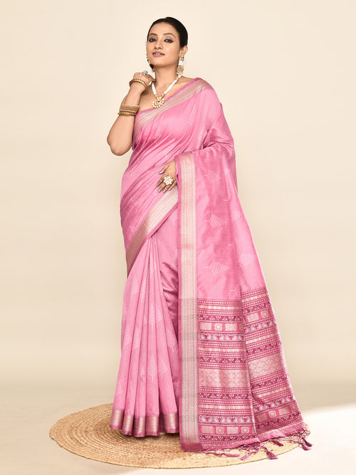Dista Elora Pink Soft Silk leaf Printed Baluchari Weaving Saree