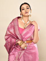 Dista Elora Pink Soft Silk leaf Printed Baluchari Weaving Saree, view 2