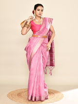 Dista Elora Pink Soft Silk leaf Printed Baluchari Weaving Saree, view 3