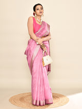Dista Elora Pink Soft Silk leaf Printed Baluchari Weaving Saree, view 4