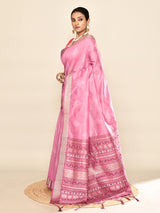 Dista Elora Pink Soft Silk leaf Printed Baluchari Weaving Saree, view 5