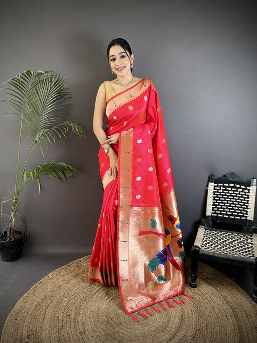 Dista Elora Pink Soft Silk Peacock & Floral Zari Motifs Kanchipuram Saree