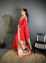 Dista Elora Pink Soft Silk Peacock & Floral Zari Motifs Kanchipuram Saree, view 2