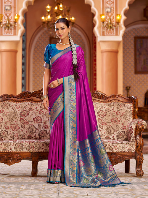 Dista Elora Pink Soft Silk Solid Banarasi Silk Zari Jacquard Work Designer Saree