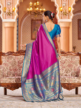 Dista Elora Pink Soft Silk Solid Banarasi Silk Zari Jacquard Work Designer Saree, view 4