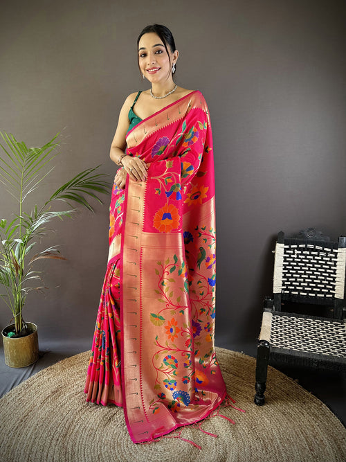 Dista Elora Pink Soft Silk Zari Woven Floral Motifs Paithani Saree