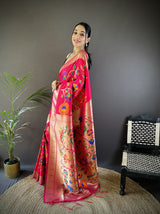 Dista Elora Pink Soft Silk Zari Woven Floral Motifs Paithani Saree, view 2