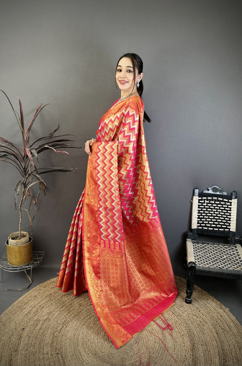 Dista Elora Pink Soft Silk Zig Zag Leheriya Zari Weaving Saree