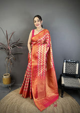 Dista Elora Pink Soft Silk Zig Zag Leheriya Zari Weaving Saree, view 2