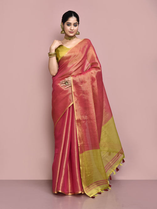 Dista Elora Pink Tissue Linen Plain Chanderi Festive and Formal Saree