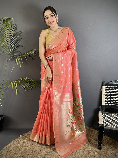Dista Elora Pink Tissue Parrot & Floral Woven Design Paithani Saree